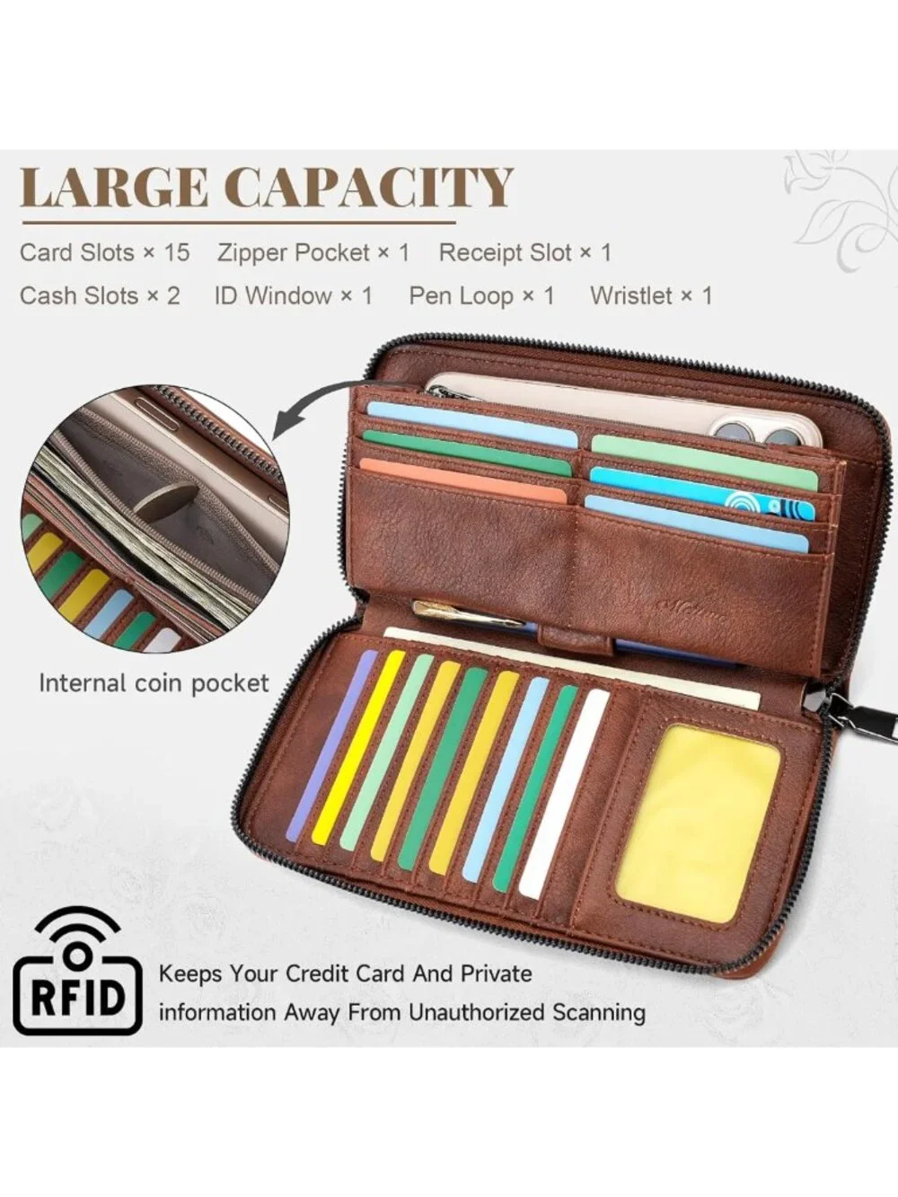 Large Capacity Floral Embossed Vegan Leather Wallet Clutch with RFID & Wristlet